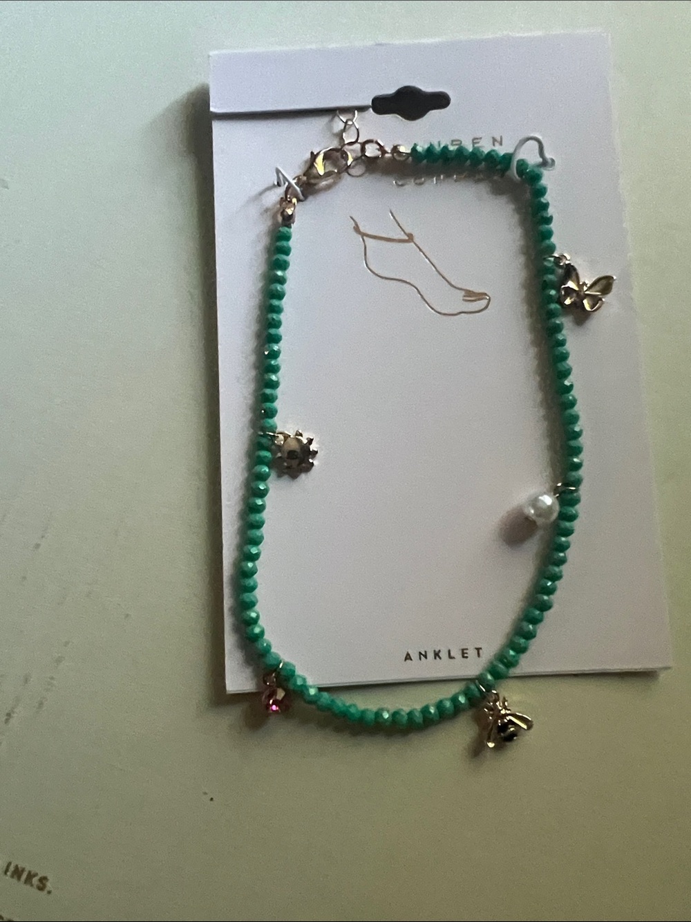 LC Lauren Conrad Green Beaded Anklet  with Gold Charms and Pearl Accent